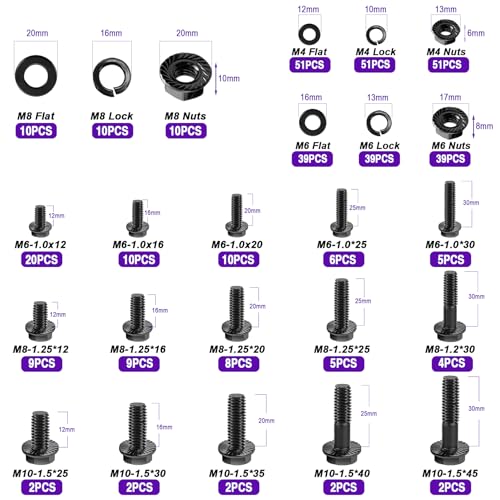 Taiss 400PCS Metric Flange Bolt Assortment kit,M6x1.0 Bolt, M8x1.25 Bolt, M10x1.5 Bolt (12mm to 45mm) 10.9 Black zinc Plating +966pcs Grade 8.8 Metric Bolt Assortment