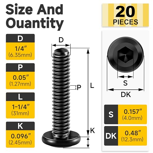 Mywish (20Sets) 1/4-20 Bolt x 1-1/4" Button Head Socket Cap Screws & 20Pcs 1/4 Bolts, 1/4-20 x 1-1/4" Flat Head Hex Socket Head Cap Screw Bolt, 1/4 Screws 304 Stainless Steel Black Oxide & Hex Spanner