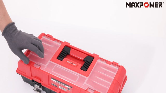 MAXPOWER 16-Inch Tool Box, Three-Layer Folding Plastic Storage Toolbox, Multi-Function Organizer with Tray and Dividers, Tools Box with Stainless Steel Lock