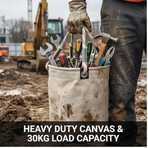 KIMISS Canvas Tool Bucket with Plastic Bottom, for Maintenance Work, 40x30cm Organizer Holds 30KG, Nails Bolts Storage, Portable Mini Tool Bag White