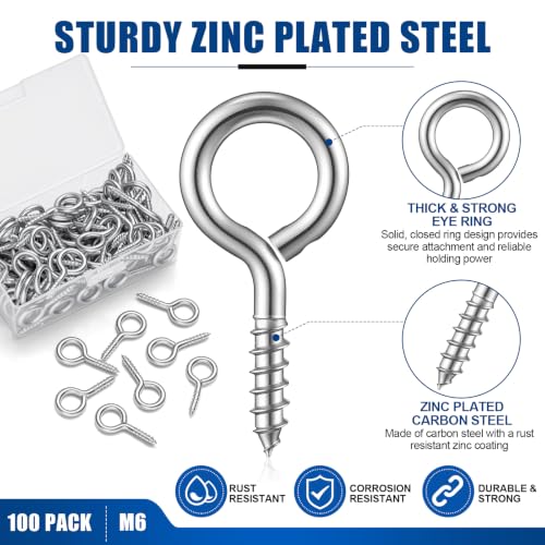 Hicarer 100 Pack 2.2 Inch Zinc Plated Carbon Steel Eye Bolt, M6 Thread Heavy Duty Screw Hook, Self Tapping Screw for Wood, Galvanized Ring Bolt for Indoor Outdoor Use