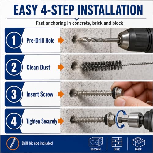 Fumete 100 Pack 1/4" x 1-3/4"Stainless Steel Hex Head Concrete Screws