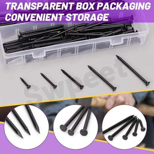 Swpeet 300Pcs 5 Sizes 3/4" 1-1/4" 1-3/5" 2" 2-3/8" Black Hardware Nails Assortment Kit，Steel Nail, Galvanized Nails, Small Nails, Finishing Nails, Wall Nails, Wood Nails, Nails for Concrete Brick
