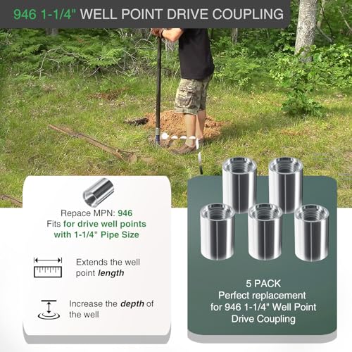 5 Pack 946 1-1/4" Drive Female Coupling for Well Point Hand Pump, Drive Sand Point Well Coupler Kit with Galvanized Steel Construction, Pitcher Pump Accessories