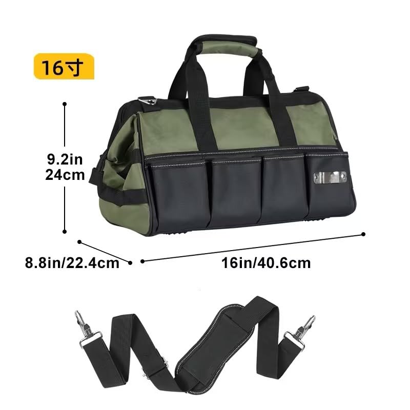 16 Inch-Wide Mouth Tool Bag, Waterproof Tool Organizer Bag, Heavy Duty Tool Bag for Tool Storage, Carrier and Organizer, Adjustable Shoulder Strap, Inside Pockets (Olive Green) Olive Green 16 IN