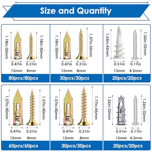 smseace 480 Pcs Wall Anchors for Drywall 4-Sizes Zinc Plated Steel and Plastic Sheetrock Anchors and 5-Sizes Self Drilling Anchor Screws Used for Hanging Picture Frames, Curtains, Plants, Clocks Gold-480Pcs-4 Sizes