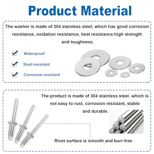 304 Stainless Steel Pop Rivets with Backup Rivets Washers Assortment Kit