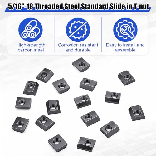 100 Pack 15 Series 5/16"-18 Slide in Economy T-nut, Threaded Steel Standard Slide in T-nut T-Slot Nuts Accessory Black Galvanized for Aluminum Extrusion T Slot Track DIY UNC Threaded 100 5/16''-18