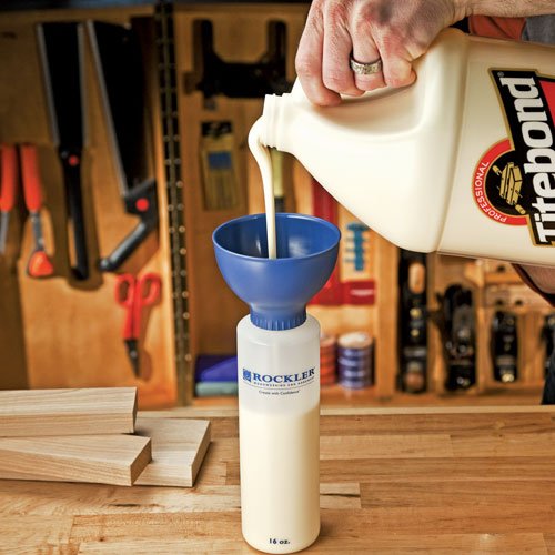 Rockler offers a wood glue applicator set with an 8oz bottle, glue spout, red cap, glue line centering attachment, and silicone brush for precise application. Their silicone glue mat (15"x30") is heat