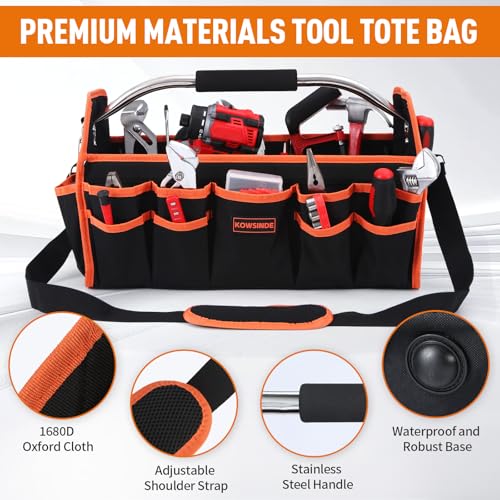 Kowsinde 18 Inch Tool Bag, Electrician Tool Bag, Open Top Tool Bags, 26 Pockets Can Hold Many Tools, Steel Handle and Removable Shoulder Strap Orange