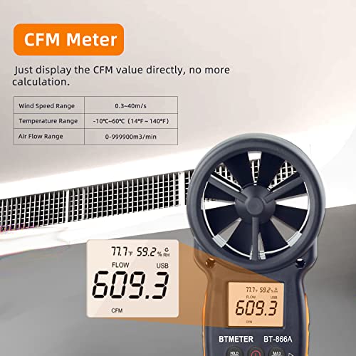 BTMETER BT-866A Pro Handheld HVAC Anemometer for CFM Airflow, Wind Speed Meter, Meter Measures Wind Speed, Temperature%RH Dew Point with USB Sync to PC