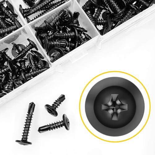 Mywish 155Pcs #10x1/2, 5/8", 3/4", 1",1-1/4", 1-1/2", 2" Self Tapping Screws & 50pcs #10 x 1 Hex Head Self-Drilling Sheet Metal Roofing Screws with EPDM Washer, elf Drilling Screws, Black Sheet Metal
