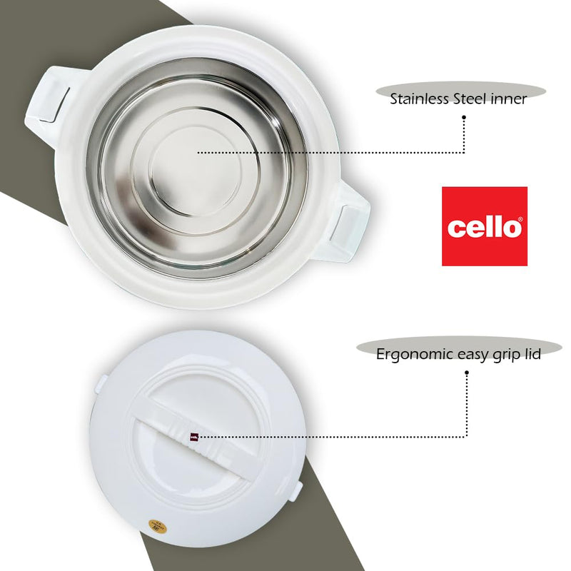 Cello Chef Deluxe Insulated Hot Pot Casserole 2500, White | Spacious 2300ml Capacity Provides Ample Storage and Serving Space for Everyday Family Dining