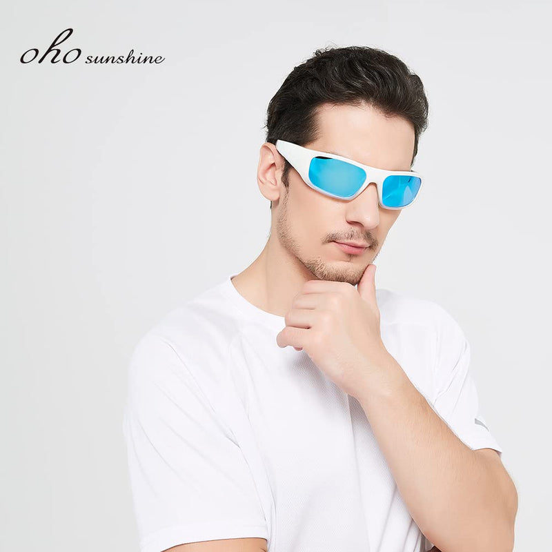 OhO Smart Glasses,Polarized Sunglasses with Bluetooth Speaker,Athletic/Outdoor UV Protection and Voice Control,Unisex(Mirror Blue Lens) Shiny White Frame-blue Lens