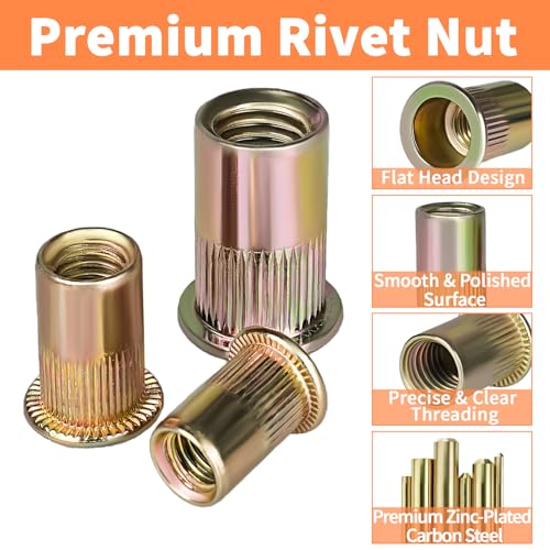 Rivet Nut Assortment Kit,Zinc Plated Carbon Steel Flat Head Threaded Insert