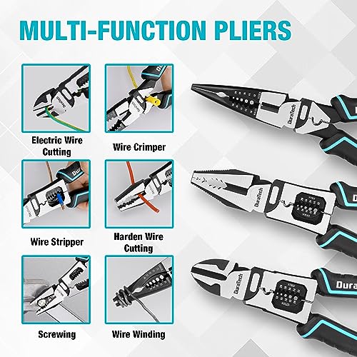 DURATECH 3PCS Pliers Set, Large 6 in 1 Multifunctional Wire Stripper Crimper Cutter, 8.5" Long Nose Pliers, 8.5" Linesman Pliers, 8" Diagonal Side Cutting 3PCS Set