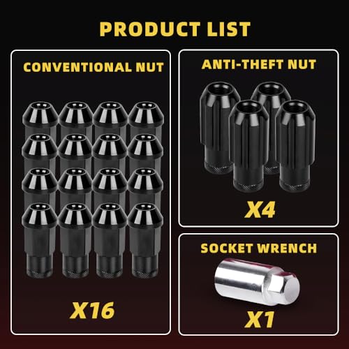 M12x1.5 Lug Nut 20 PCS, Wheel Lock Bulge Acorn Open End Lug Nut Set Compatible with Toyota, Honda, Ford, Chevrolet, Mitsubishi, Mazda, KIA, Hyundai, Buick, 1 Socket Included, Black M12 x 1.5