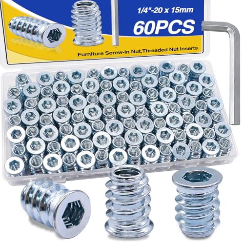 Taiss 140PCS 1/4-20 Threaded Inserts for Wood,T Nuts,1/4-20x 1", 1-1/4" Bolts Button Head Socket Cap Screws+60PCS 1/4"-20 Threaded Inserts for Wood