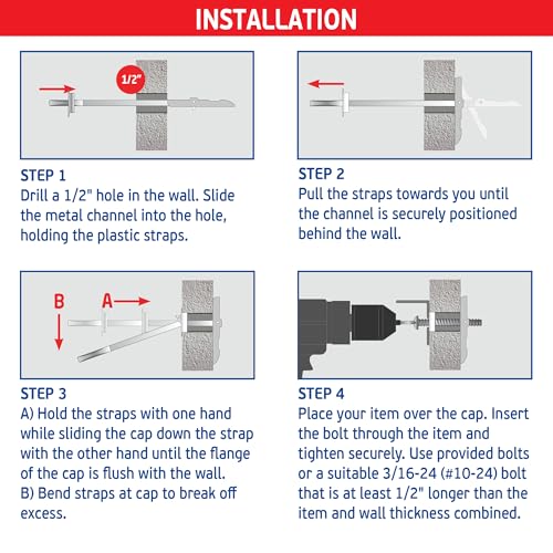 3/16" Heavy Duty Drywall Toggle-Bolt Strap Anchors (50 Pack) w/ 50 Steel Threaded Studs - 3/16-24 UNC Fastener Size - Great for TV mounting, 240 lb Holding Strength