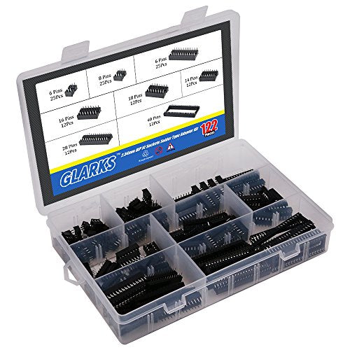 glarks 122pcs 2.54mm Pitch DIP IC Sockets Soldering Version Adapter Assortment Kit (6/8/14/16/18/24/28/40 Pins)