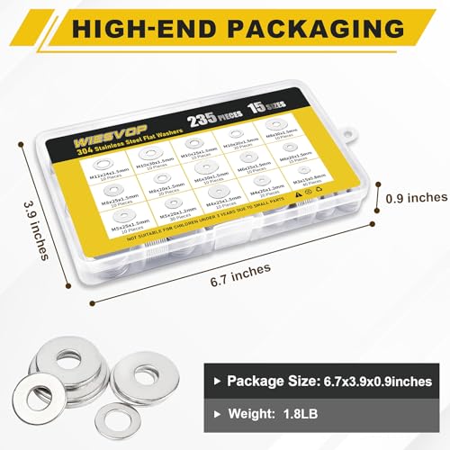 235Pcs Fender Washers, 304 Stainless Steel Flat Washers Assortment Kit, 15 Different Sizes M3 M4 M5 M6 M8 M10 M12 Metal Washers for Screws Bolts Hardware for Various Home Industrial Automotive 15 Sizes 235 Pieces