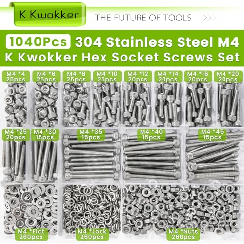 1040PCS M4 Nuts and Bolts Assortment Kit 4mm-45mm, 304 Stainless Steel M4 Screw Assortment, Hex Socket Head Cap Machine Screws Bolts and Nuts Kit Silver 4/6/8/10/12/14/16/20/25/30/35/40/45mm B.M4