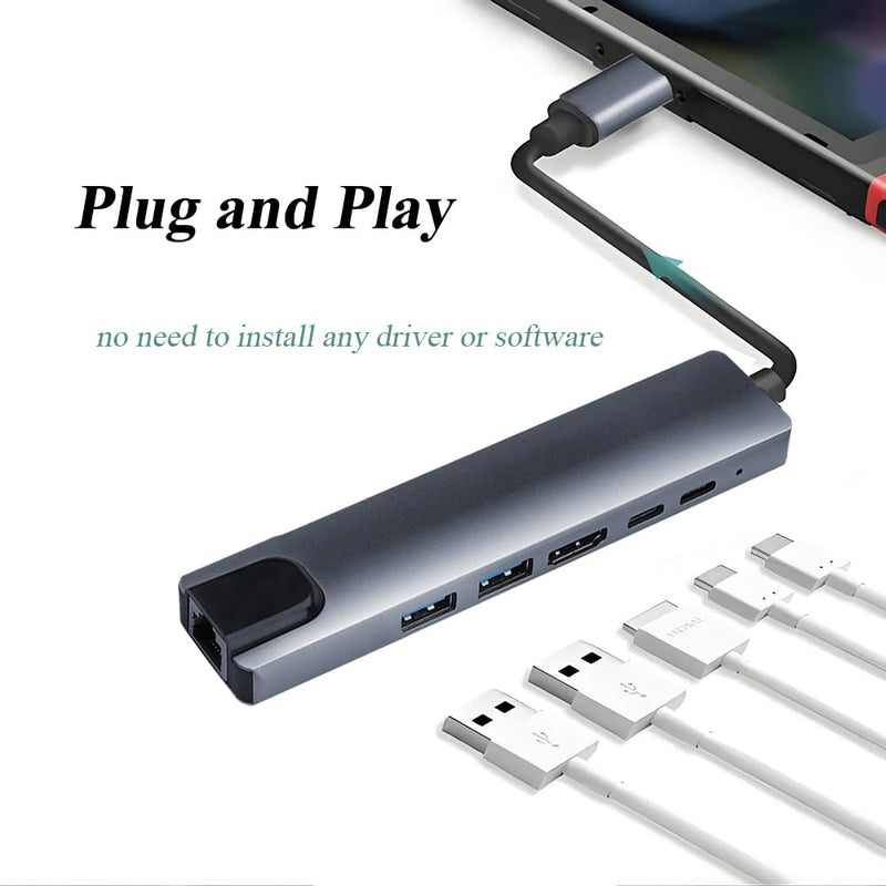 6 in 1 Type C to HDTV Adapter, USB C Hub with LAN Port, 4K HDMI Output USB C Adapter Compatible with MacBook Series, Chromebook, Laptop, Mouse, Keyboard, Flash Drive, Hard Disk