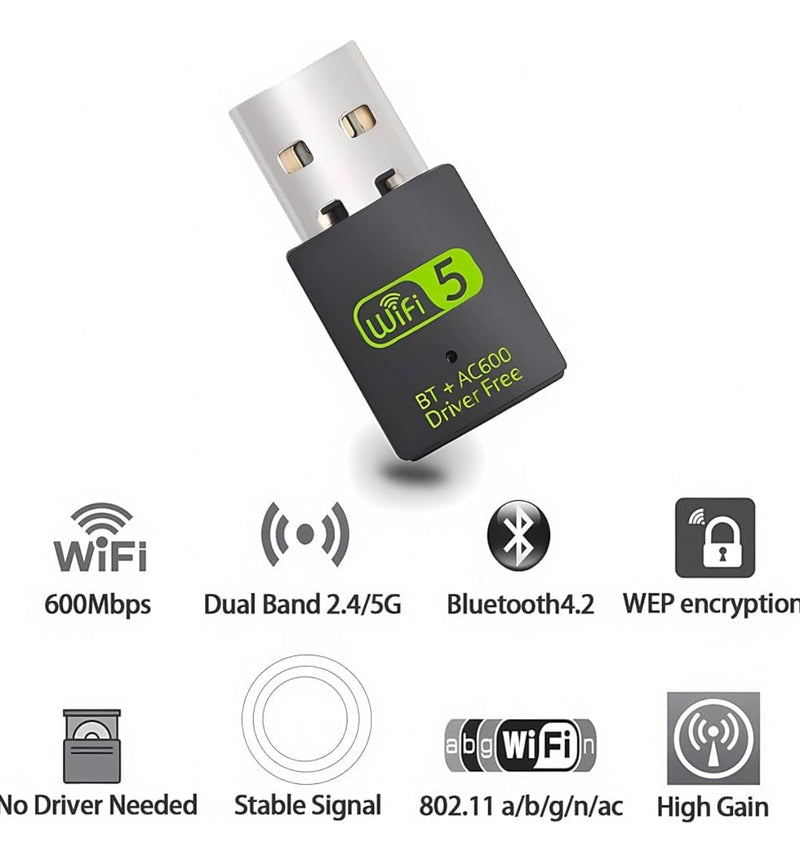 USB WiFi Bluetooth Adapter, 600Mbps Dual Band 2.4/5Ghz Wireless Network External Receiver, Mini WiFi Dongle for PC/Laptop/Desktop Computer Driver Free Green WI-FI