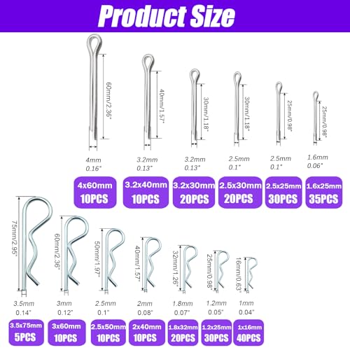 13 Sizes Hairpin Cotter Pins & R Clips Cotter Pins Assortment Kit, 250PCS Stainless Steel Cotter Pins Set, Split Pin Fastener Clips for Car Mechanics, Lawn Mowers, Trucks, Tractors Repair