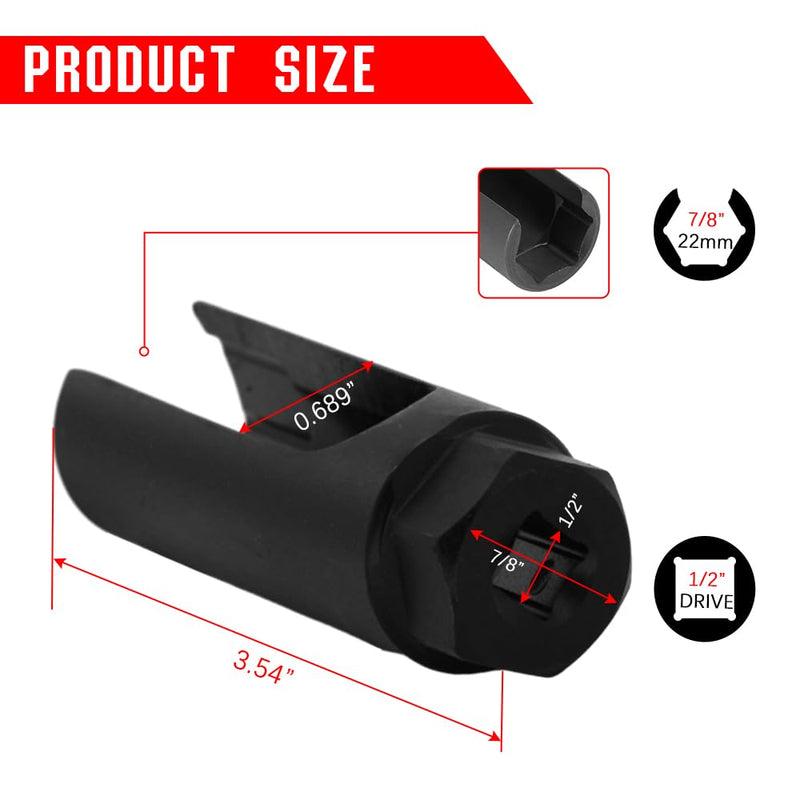 Oxygen Sensor Socket with Side Wire Cutout 1/2” Inch Drive x 7/8” (22mm) fits All Vehicle O2 Removal and Installation Offset Tool