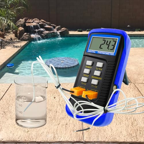 Dual Channel Thermocouple Thermometer Digital Temperature K Type Thermometer with 4 Probe (Wired & Stainless Steel) -50~1300°C (-58~2372°F) Range Temperature Meter Gauge Blue