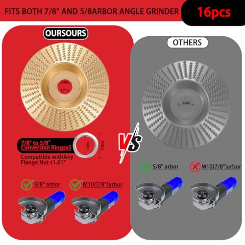 16-Piece Wood Carving Disc Kit for 4 in 4.5 in Angle Grinder, Woodworking Grinding Wheels Kit with 7/8"-5/8" Arbor for Quick Rough Cutting Shaping Sanding Polishing