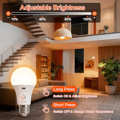 Ketom Remote Control Light Bulb E27 Rechargeable Bulb with Timer | 7 W rechargeable LED lamps, 3 colors and dimmable, touch control, pack of 2 wireless decorative lamp bulbs, emergency light 3 Colors 2 Pieces