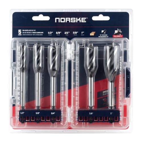 Norske Tools NIABP245 5PC Auger Drill Bit Set(1/2", 5/8", 3/4", 7/8" & 1"), 6-1/2" Long for Wood 1/4" Hex Shank 5PC (1/2", 5/8", 3/4", 7/8", 1")