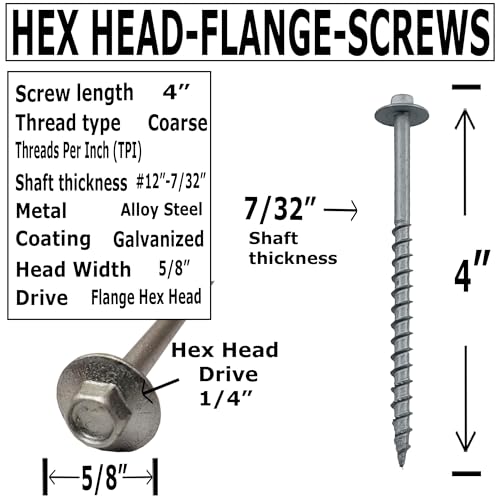 BRAUNY BOY - #12 x 4”- Structural Lag Heavy Duty Construction Wood Screw – Galvanized Corrosion Resistant Coating Exterior Timber, Landscape - Easy HEX Head Drive – Flange Head 4 in - Qty (100) 100