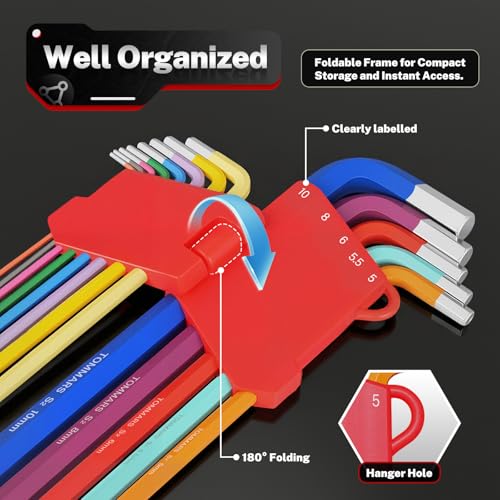 TOMMARS 26-PC Allen Wrench Set, Magnetic Ball End, T-Handle & Color Coded 26-PC Metric & SAE