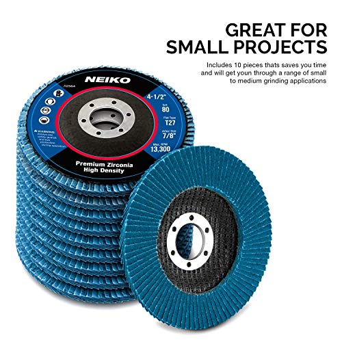 Neiko 11256A High Density Jumbo Premium Zirconia Flap Disc | 4.5" x 7/8-Inch, 80 Grit, Flat Type #27 - 10 Pack