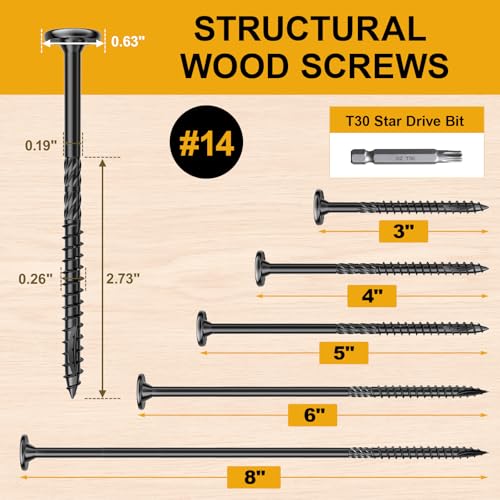 FMhotu #14 x 4-1/2 Inch Heavy-Duty Outdoor Wood Screws 50Pcs + #14 x 5 Inch Wood Structural Lag Screws 54Pcs