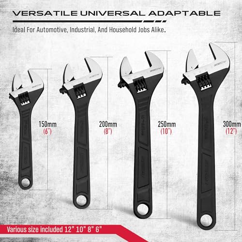 Adjustable Wrench Set Wrenches Sets: 4-Piece 6, 8, 10, 12 Inch Chrome Vanadium Steel Corrosion-Resistant Black Oxide Finish for Automotive Plumbing and Household Repairs 4 PCS Professional Set (6",8",10",12")