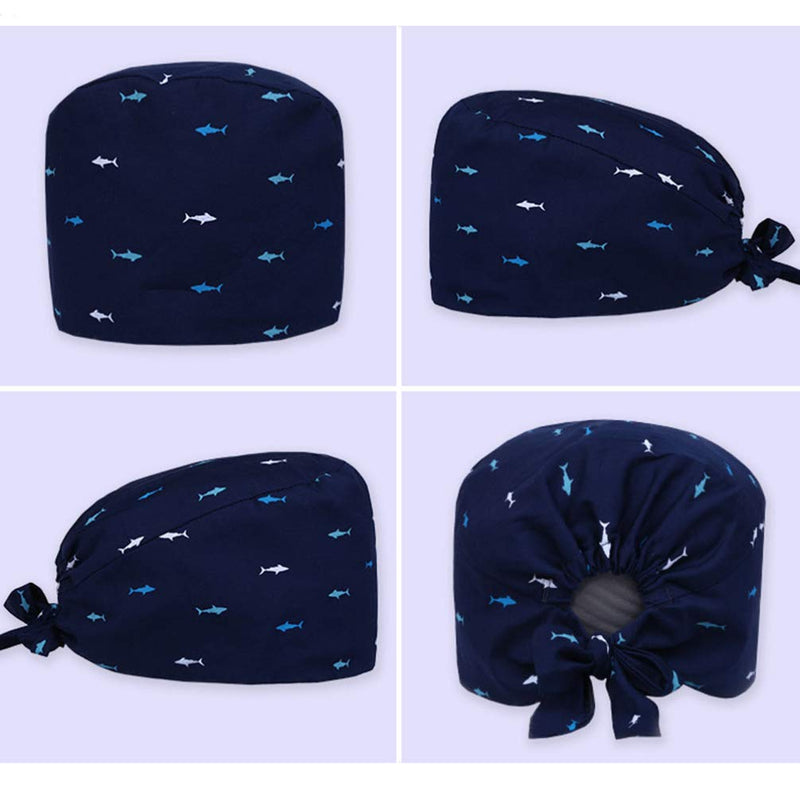 TENDYCOCO Printed Surgical Cap Made of Breathable Cotton Blend with Sweat Absorption and Shark Pattern for Doctors and Nurses Adjustable Surgical Cap for Hairdressers