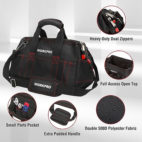 WORKPRO 16-inch Close Top Wide Mouth Tool Storage Bag with Water Proof Rubber Base, W081022A, 16" & YIYITOOLS Claw Hammer With fiberglass Handle – 16-oz, Red and Black (YY-1-003)
