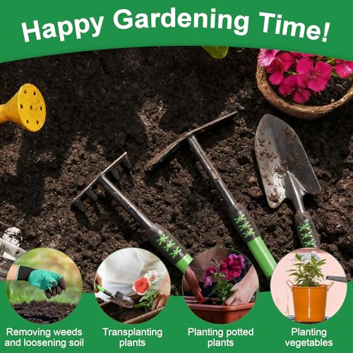 Garden Tools Set, 4 Pack Gardening Tools, Stainless Steel Heavy Duty Hand Cultivator, Hoes, Spade Shovel, for Planting Weeding Digging, Gardening Gifts for Women, Green