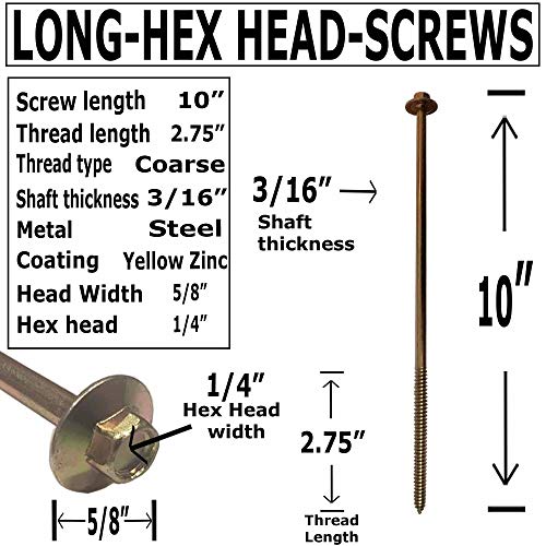 (25) 10" - Zinc Coated Rust Resistant Timber Tie - Heavy Duty 1/4" - Hex Head Structural Screw - 5/8" Wide Flange Head with coarse Thread for Secure Hold - Heavy Duty 3/16" Shank for Extra Strength