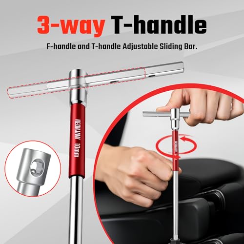 10pcs T-Handle Hex Allen Key Wrench Set 10mm 8mm 6mm 5mm 4.5mm 4mm 3.5mm 3mm 2.5mm 2mm with 3-Way Sliding Handle, Spinning Sleeve, Steel Storage Rack for DIY, Mechanics, Red t handle Hex allen wrench set