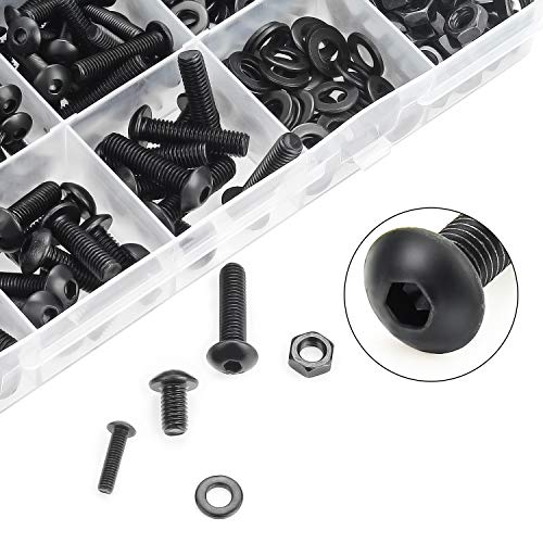 HELIFOUNER 1280 Pieces Button Head Socket Cap Screw Bolts, Flat Washers and Nuts Assortment Kit, 10.9 Grade Alloy Steel, Full Thread (M2 M3 M4 M5) M2 M3 M4 M5 Button Head Socket Cap Screws Black