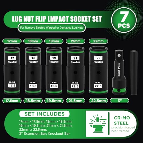 TecoTek 7PCS Lug Nut Socket Set, 1/2” Impact Thin Wall Flip Socket, Half Size Wheel Socket Set, Metric, 6 Point, 3" Extension Bar & Knockout Bar, 17.5mm, 18.5mm, 19.5mm, 21.5mm, and 22.5mm Half Size Metric
