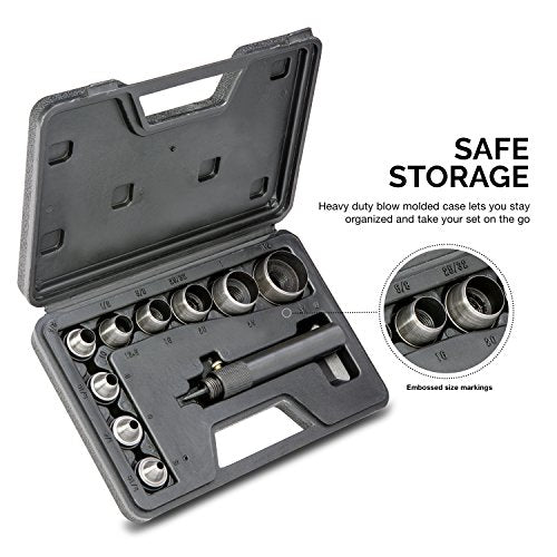 NEIKO 02614A Interchangeable Large Hollow Hole Punch Tool Set, 10 Piece, Gasket Maker, Heavy Duty Gasket Punch Set, Includes Hole Puncher Tool Carrying Case, Leather Punch Set 10 Piece Set