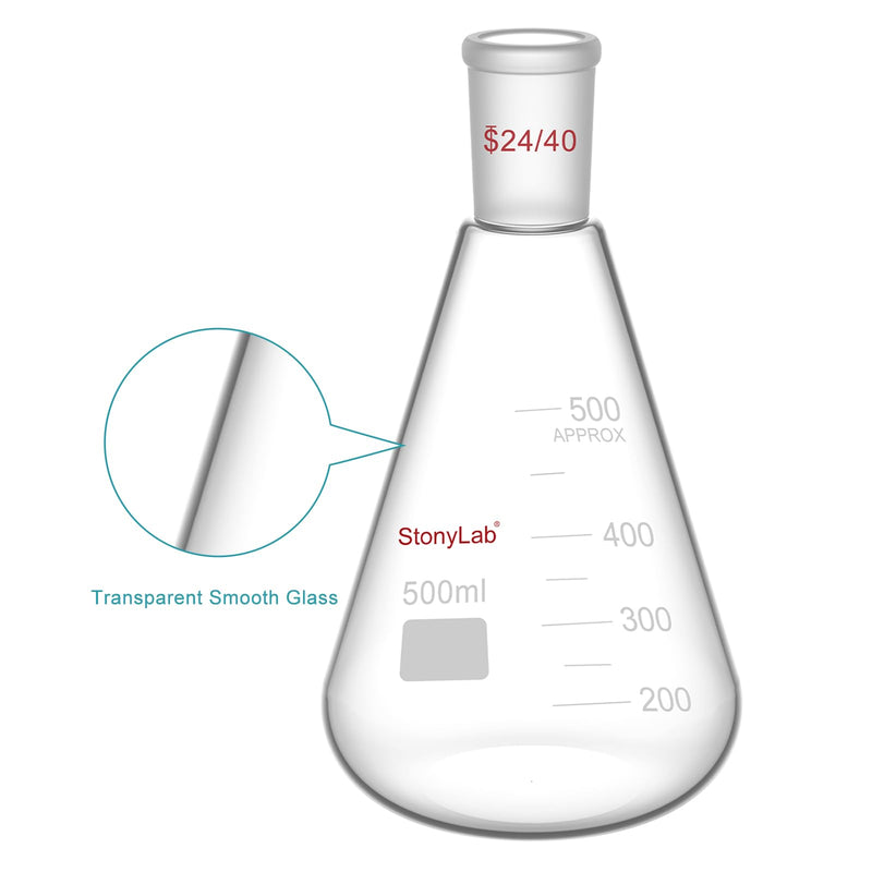 StonyLab Glass 24/40 Erlenmeyer Flask, Borosilicate Glass Heavy Wall Flask with 24/40 Standard Taper Outer Joint, 500ml 500 ml