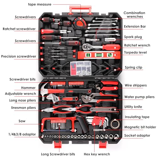 TLGREEN Power Tool Organizer Wallt+198 Piece Tool Box, Tool Kit, Mechanics Tool Set, Portable Toolbox with Adjustable Wrench Pliers Socket Bits, with Plastic Toolbox, for House Apartment Garage (Red)