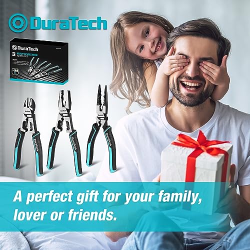 DURATECH 3PCS Pliers Set, Large 6 in 1 Multifunctional Wire Stripper Crimper Cutter, 8.5" Long Nose Pliers, 8.5" Linesman Pliers, 8" Diagonal Side Cutting 3PCS Set